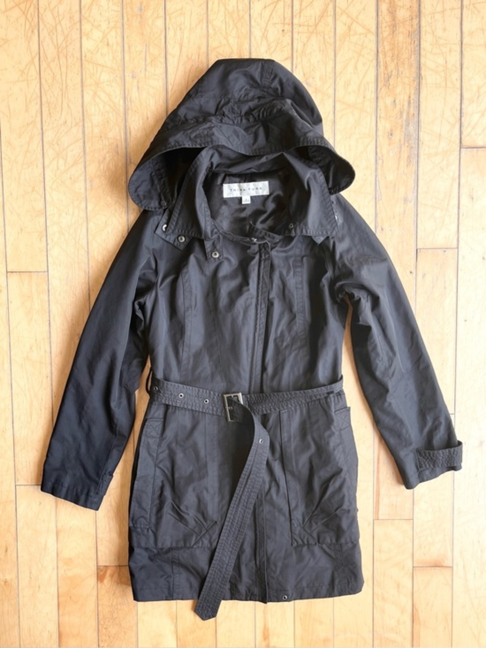 Trina Turk Black Belted Hooded Mid-Season Fall Spring Jacket Coat Size Small